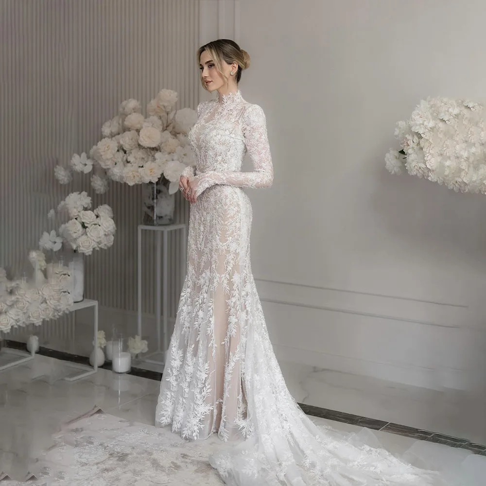 Elegant Wedding Dresses High Neck Long Sleeve Mermaid Islamic Bride Dress Women Civil Lace Bridal Gown Customized robe de mariée