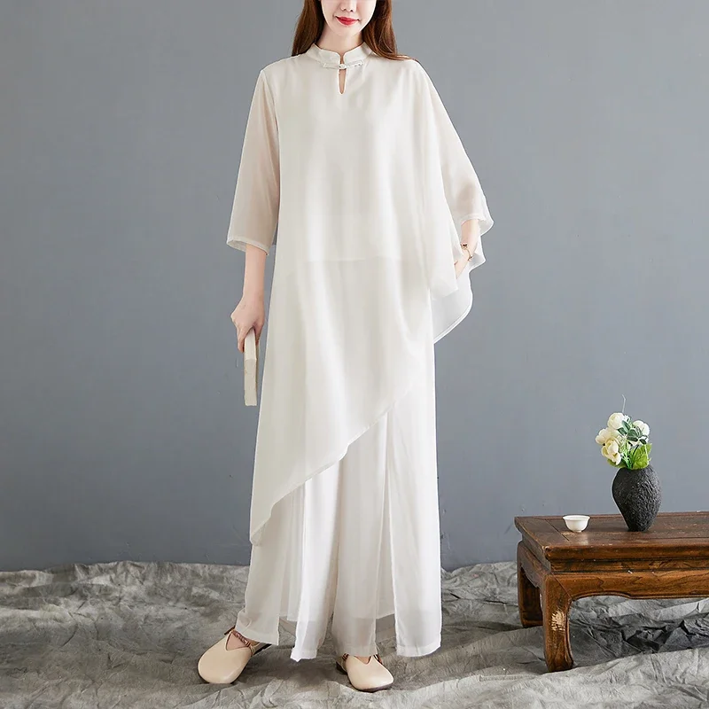 Chinese White Chiffon Suit Women Casual Loose Solid Comfort Vintage Female China Clothing Set 2023 New Spring Summer 2 Pieces