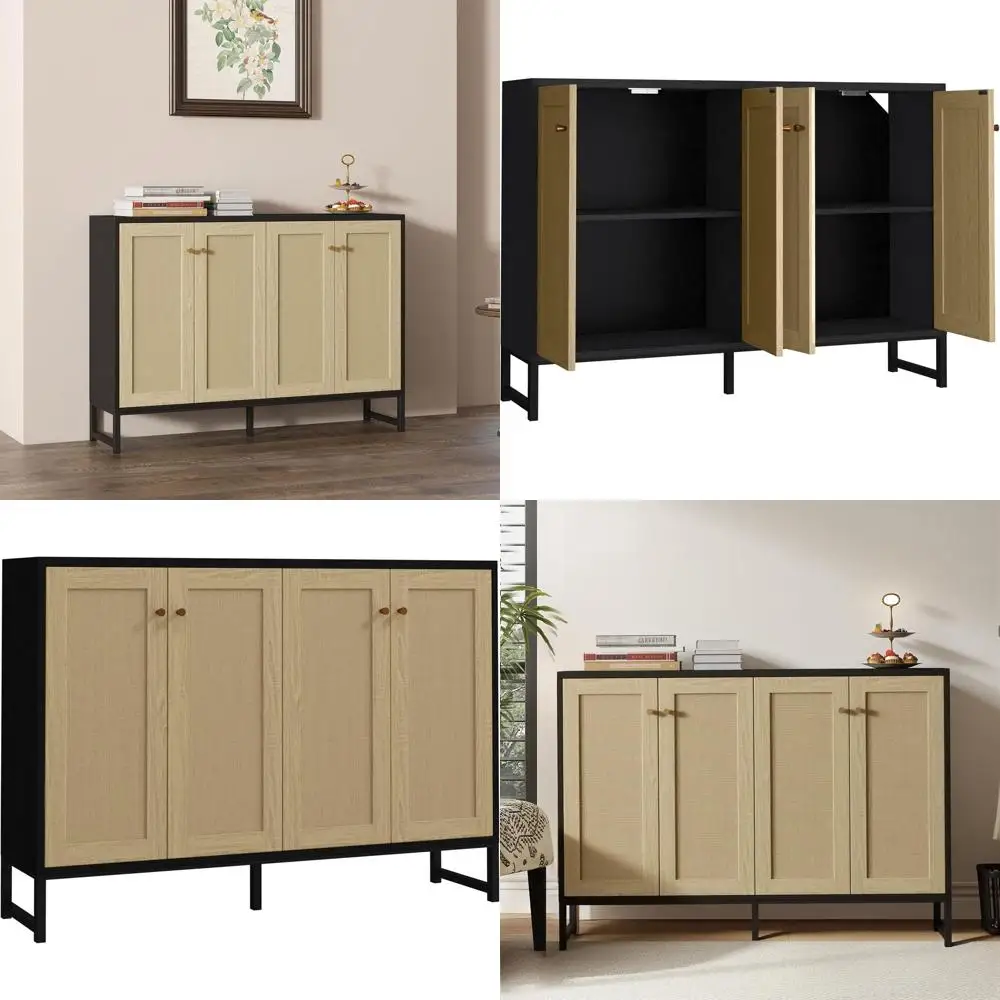 

Тумба-сервант с ротанговым декором для столовой и кухни, 4 двери, черная