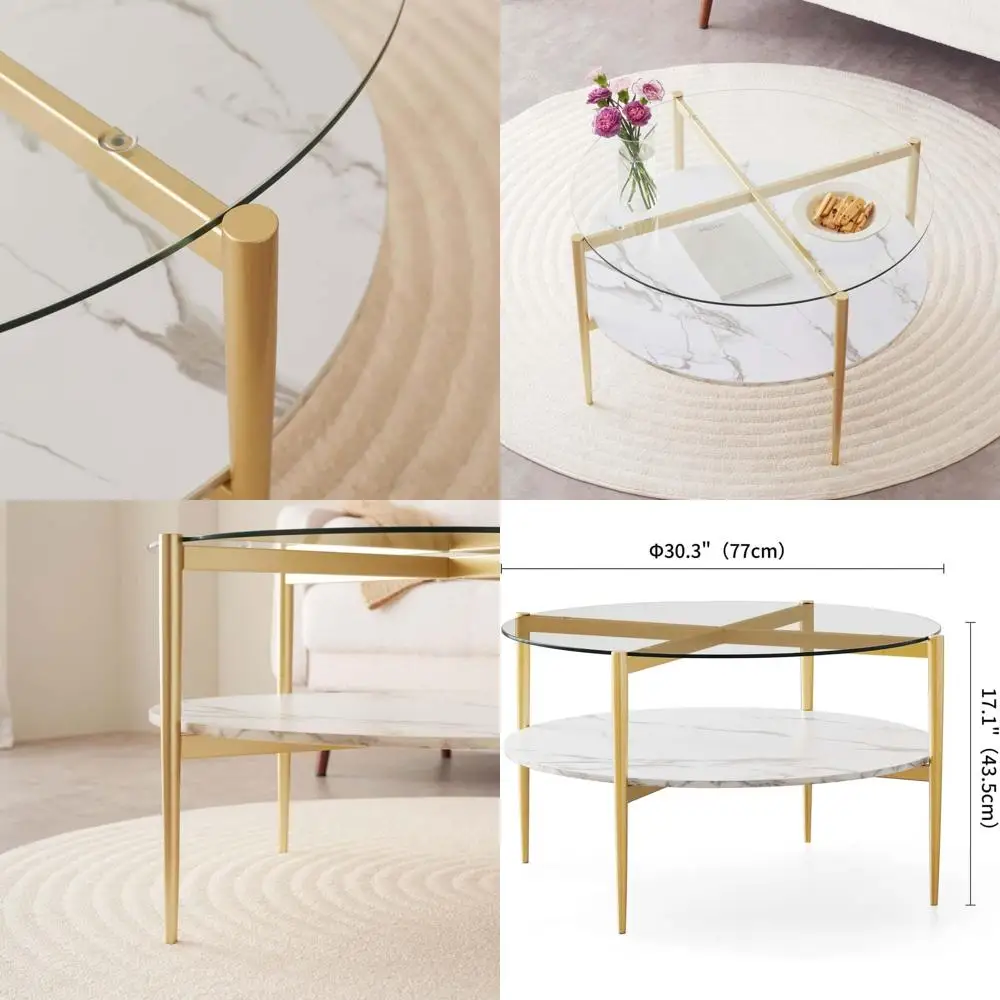 

Mid-Century Modern 2-Tier Coffee Table, 30 Diameter x 17 High, Clear Glass & White Marble, Gold Metal Legs