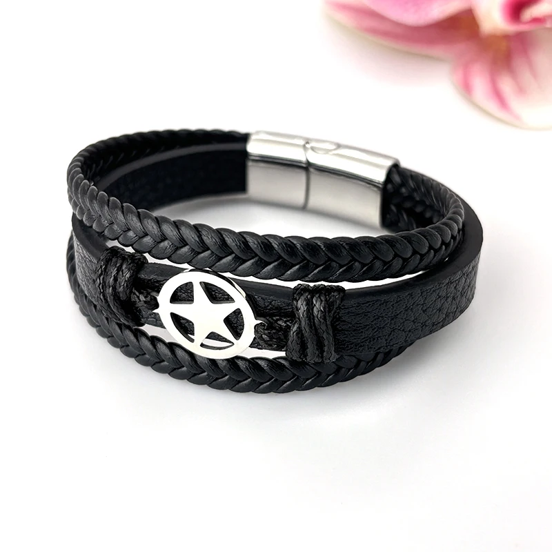 Classic handmade knit star Leather Bracelet 19,21,23cm Size Choose Stainless Steel Magnetic Buckle Fashion Charm Bracelet