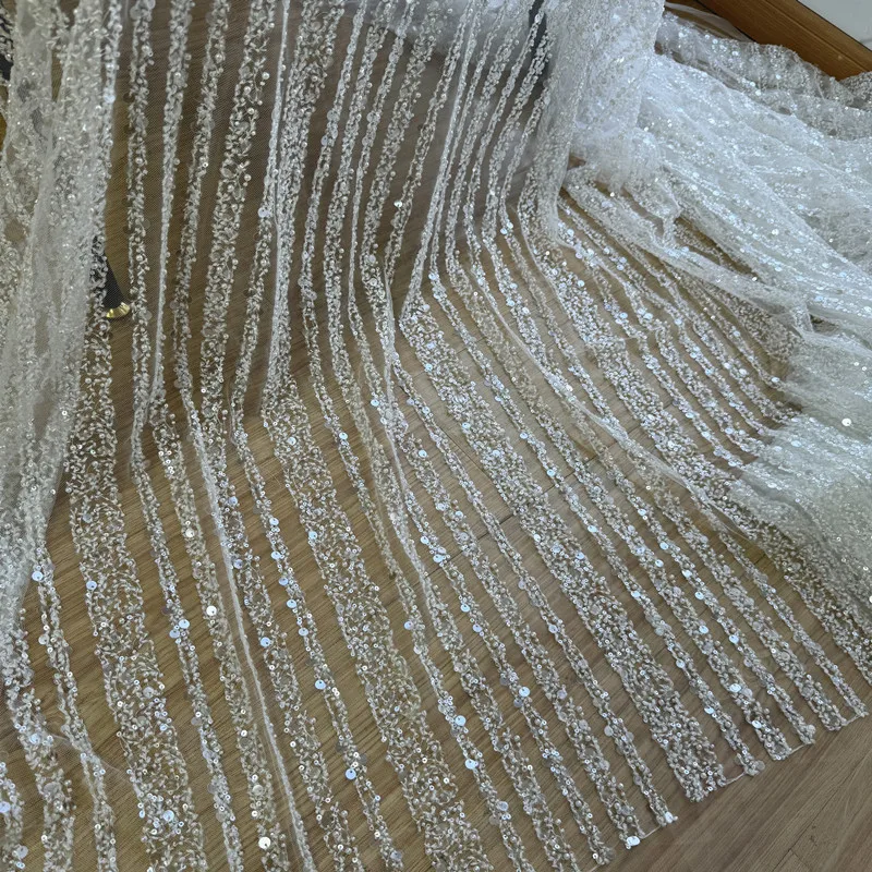 New strip 3D Small bead sequins lace fabric high custom wedding vertical stripe fabric