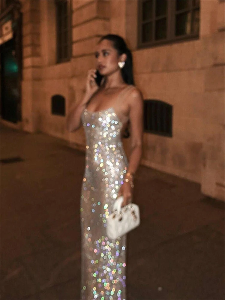 Ladies Autumn Bling Glitter Sequins New Fashion Evening Party Dress Women Sleeveless Backless Maxi Dresses Clubwear Fall Outfits