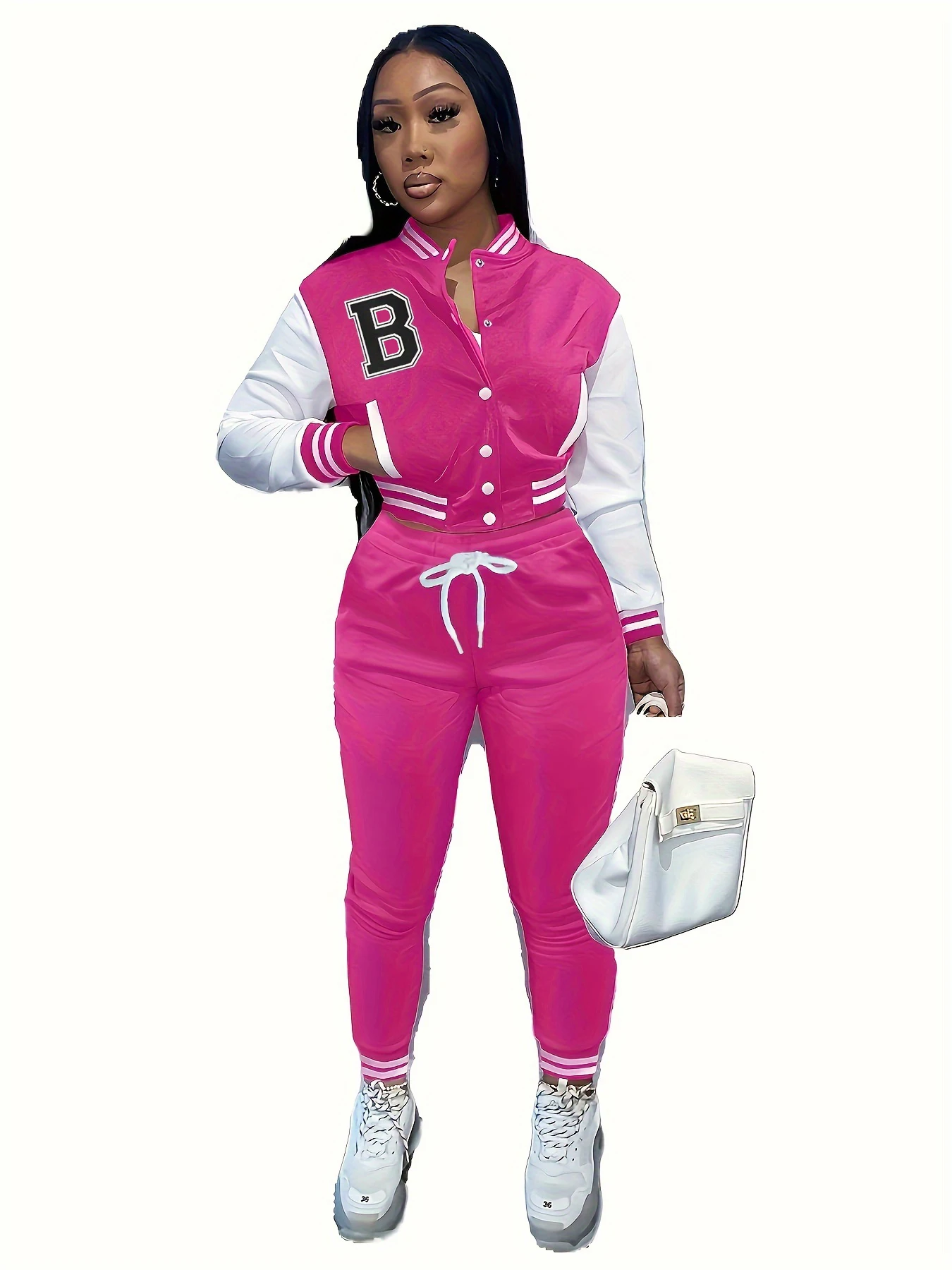 A two-piece set of European and American women's color-blocked jacket with single-breasted letter-printed baseball sportswear