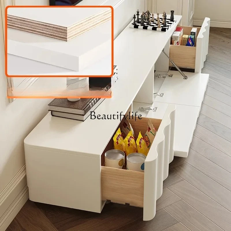 

French retro wave TV cabinet living room white rounded corners simple modern cream wind floor TV cabinet