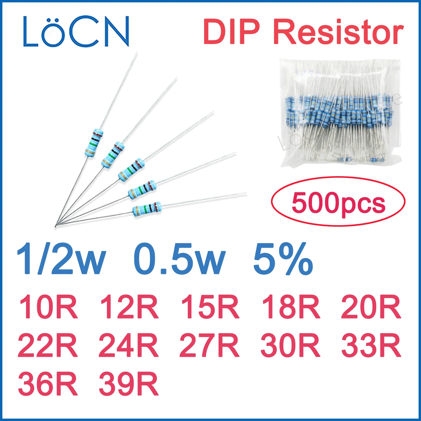 500 יחידות ממסר פחמן 5% 1/2W DIP 10R 12R 15R 18R 20R 22R 24R 27R 30R 33R 36R 39R OHM טבעת צבע 0.5w