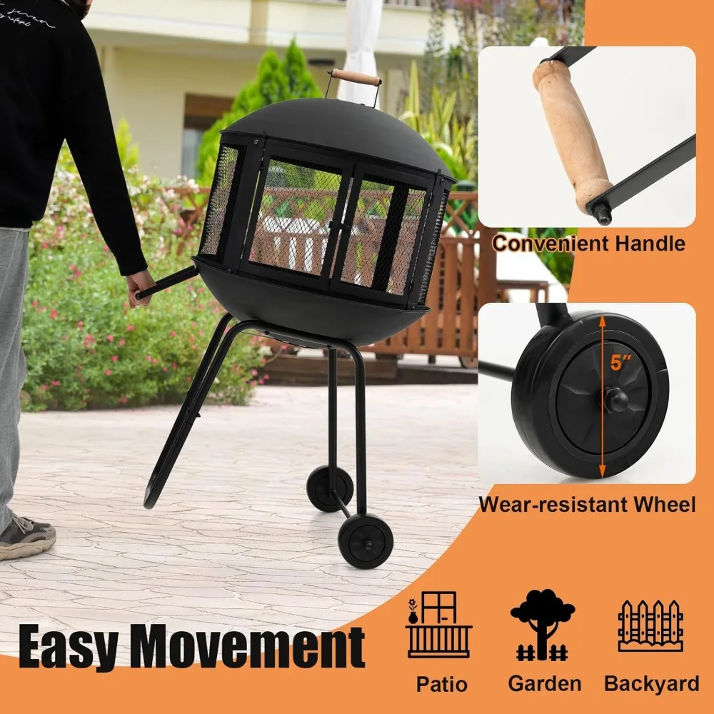 حفرة نار تانكولا لحرق الخشب مقاس 28 بوصة مع عجلات دوارة، وصر سجل، وبوكر للمدفأة الخارجية والترفيه الناري #6