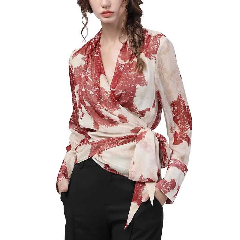 Fashion Women\' Long Sleeve Red Printed Chiffon Blouse For Spring Summer Asymmetrical V-Neck Lace-up Shirt Tops