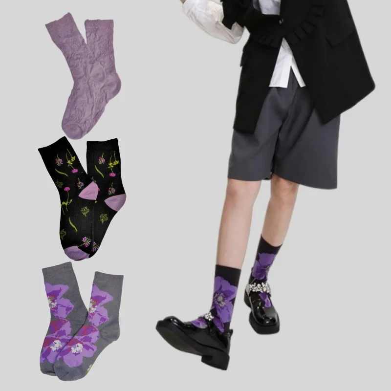 3 Pairs Spring Autumn Purple Relief Middle Tube Women\'s Socks Trendy Academy Style Socks Paired with Shark Pants Socks Female