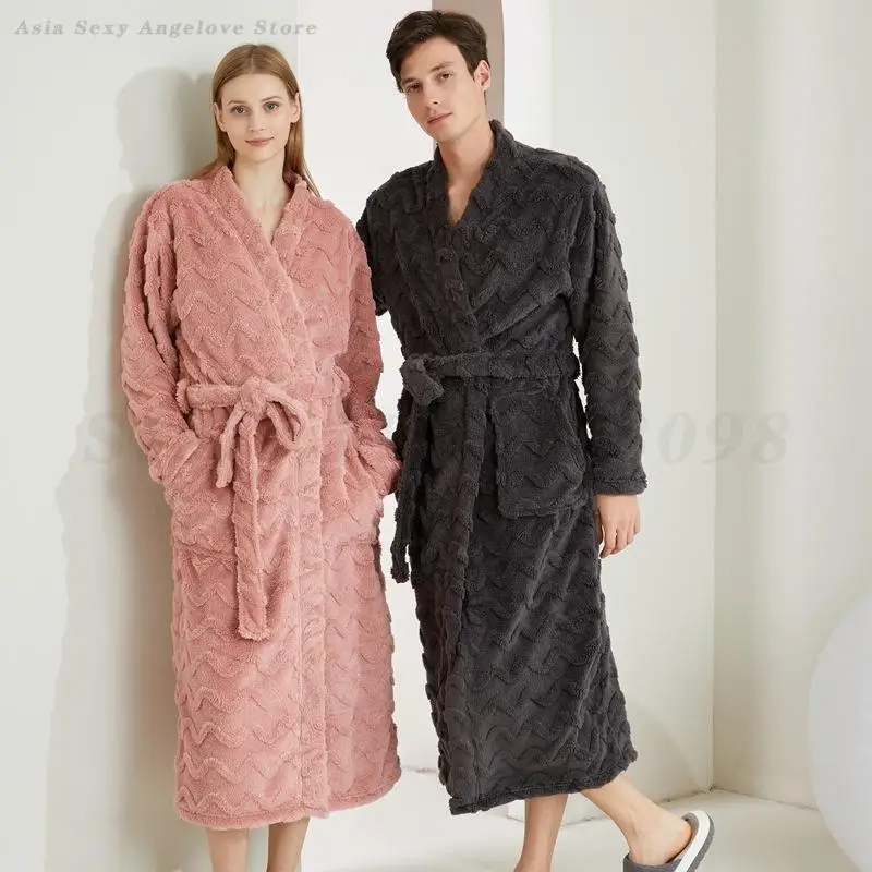 

Autumn Winter New Coral Fleece Long Robe Kimono Bathrobe Gown Thick Warm Couple Sleepwear Home Clothes Casual Flannel Nightgown