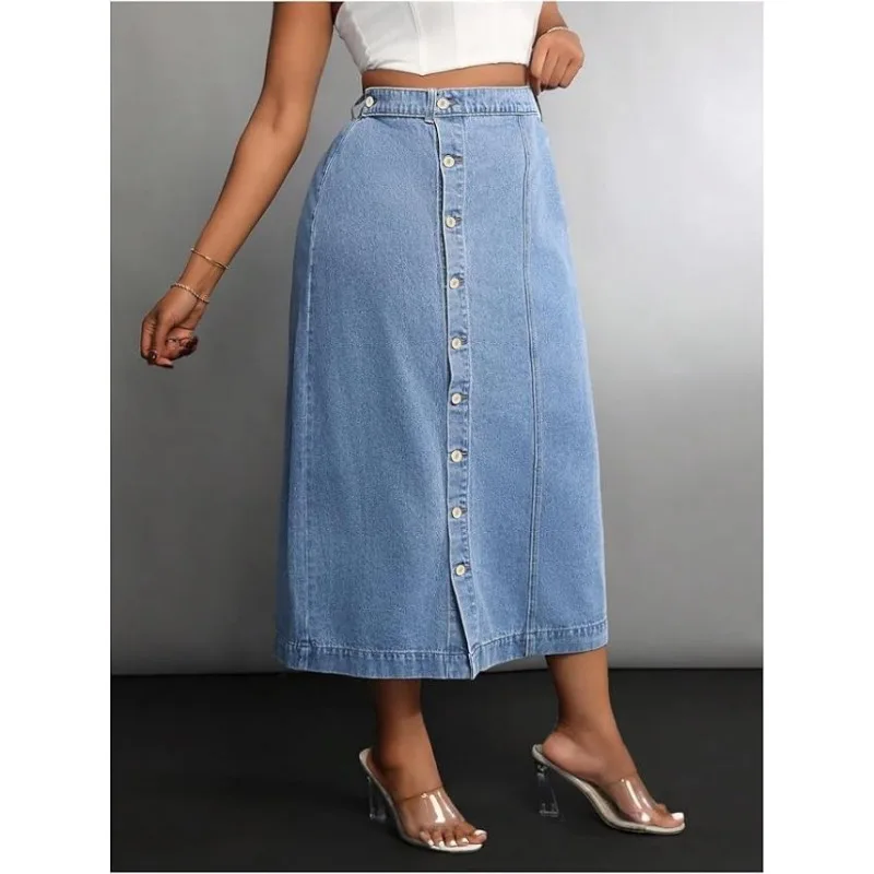 

Large Size Women's Light Blue Denim Midi Skirt Button Down Style Trendy Wardrobe Essential Denim Long Dress