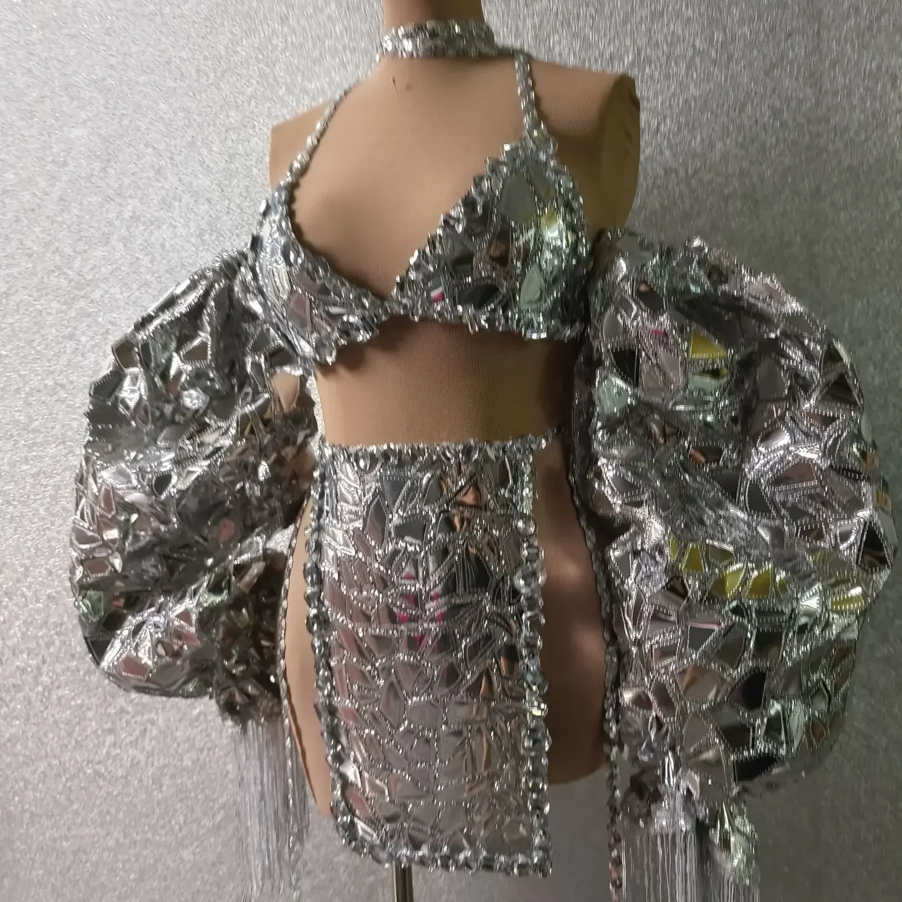 

Sexy Shining Silver Laser Glitter Bubble SleevesBirthday Celebrate Lacing Outfit Party CostumeDancer Performance Show Suit B166