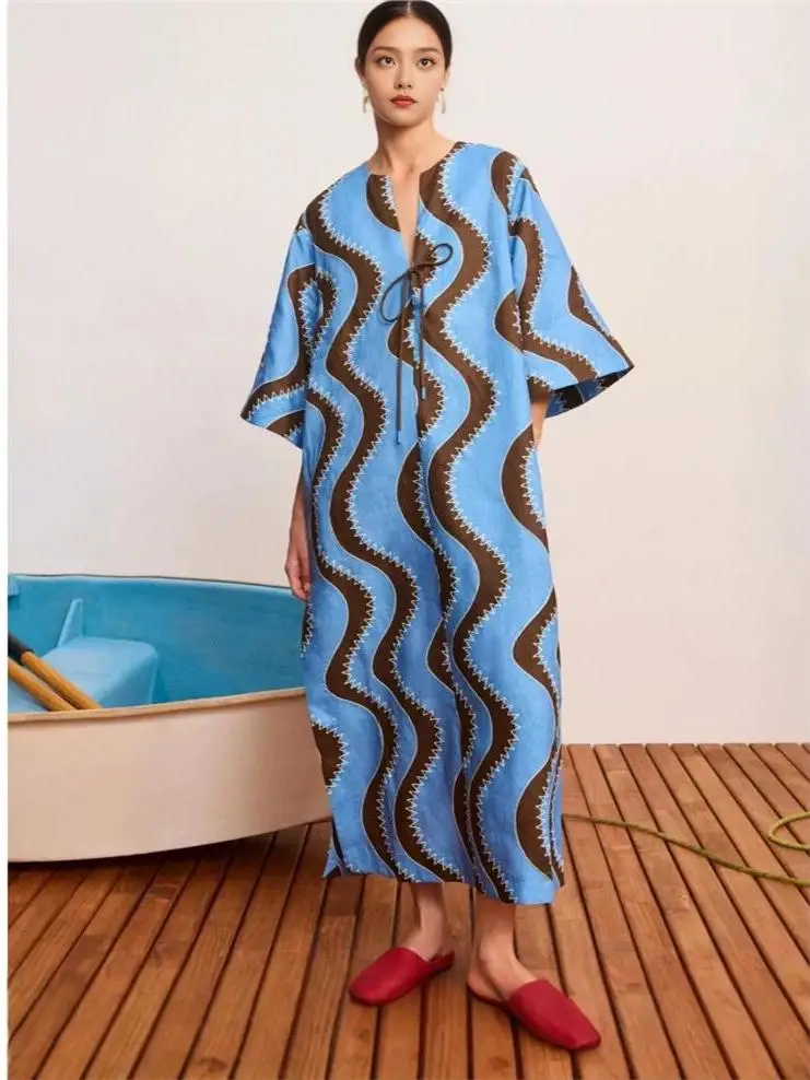 

Fashionable Vacation Style Print Linen Long Dress Women's Loose Fit Shirt Dress mid Waist A-Line Skirt Five Sleeve Length