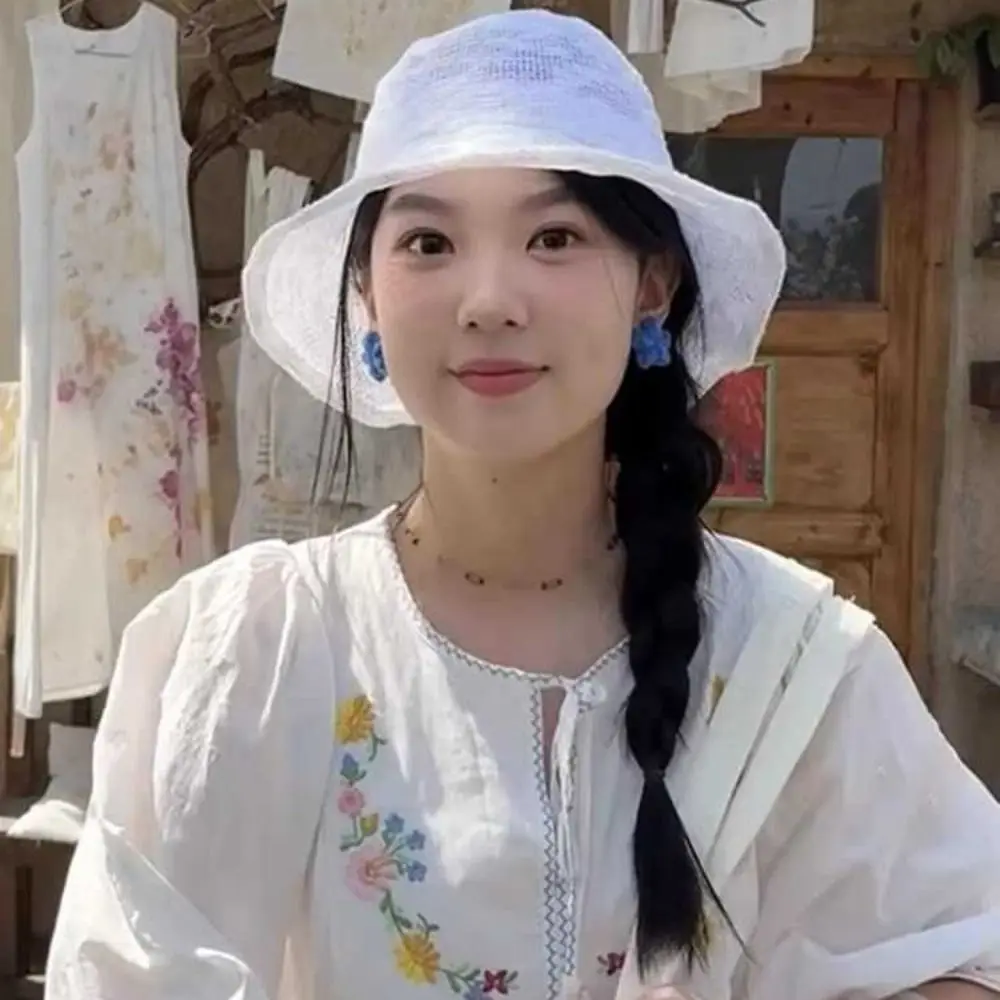 

Ins Korean Knitted Bucket Hat Thin Breathable Fisherman Hat Sunscreen Cotton Yarn Basin Cap Outdoor