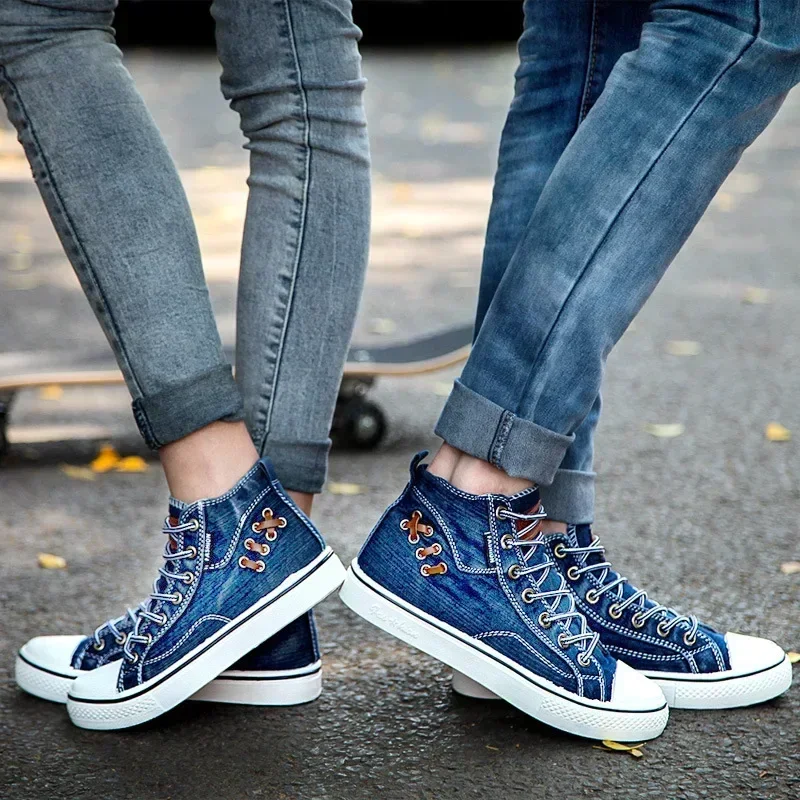 Denim Canvas Sneakers for High Top Walking Sport Shoes Round Toe Lace Up Men Casual Shoes Running Thick Sole Ladies Brand Boots