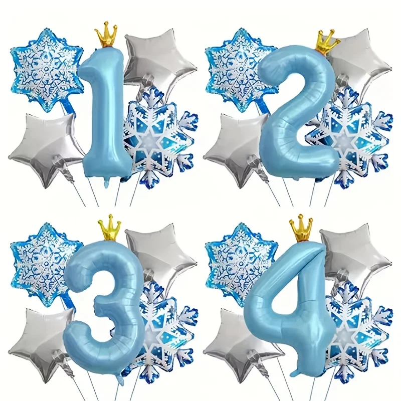 Schneeflocken-Folienballon-Set, enthält 101,6 cm große blaue Kronen-Zahlenballons, geeignet für Geburtstags- und Weihnachtspartydekorationen für Kinder im Alter von 1-9 Jahren.