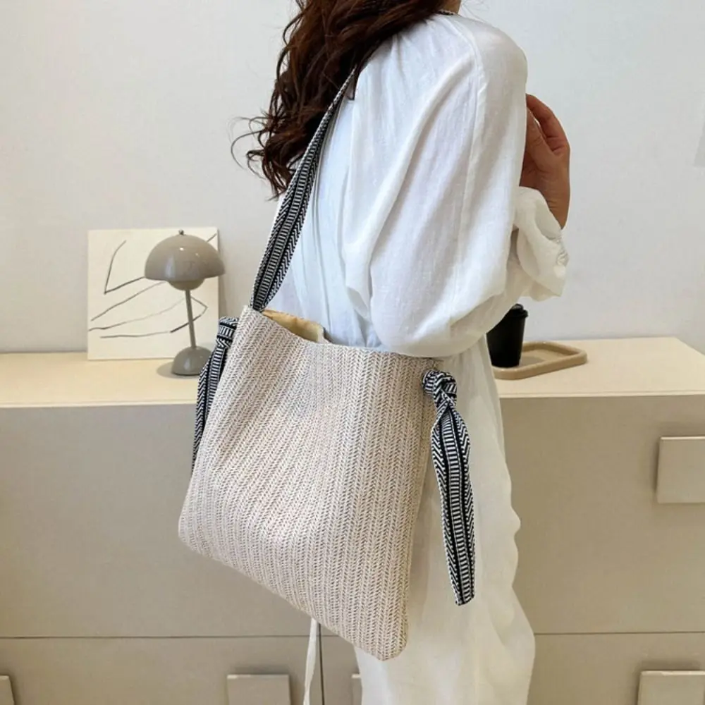 New with Shoulder Strap Straw Bag Large Capacity Trendy Shoulder Woven Bag Beach Bags