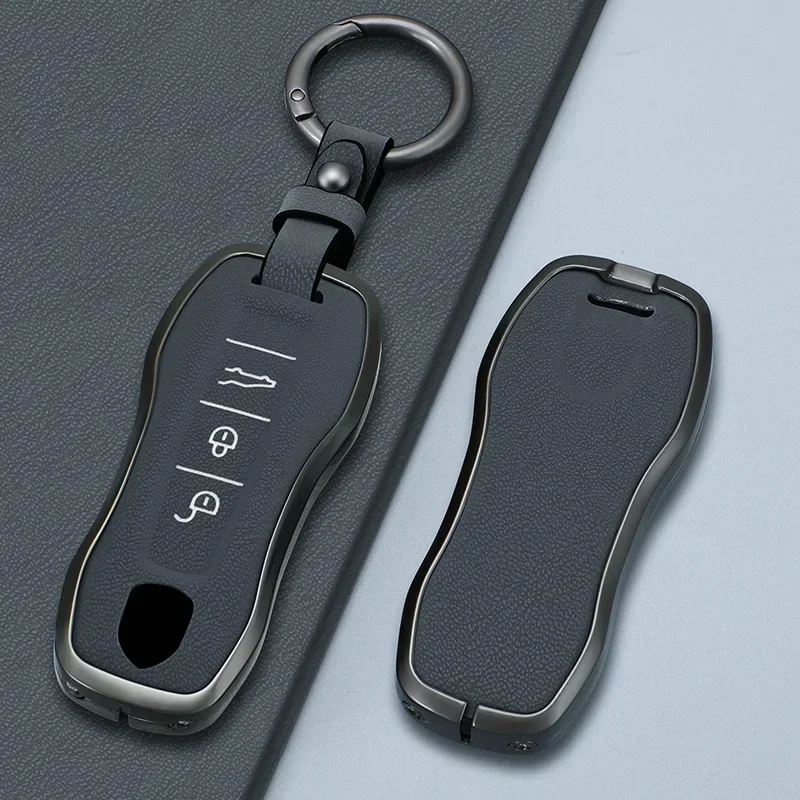 

Zinc Alloy Leather Car Remote Key Case Cover For Porsche Cayenne Panamera 971 911 9YA Macan 718 Taycan Boxster For 3/4 Button