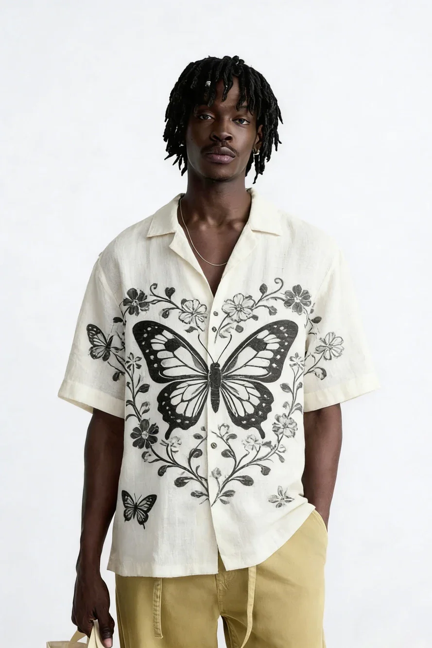 Men Vintage Black Butterfly Floral Cuban Collar Short Sleeve Shirt Loose Button Up Summer Beach Vacation Streetwear Tops