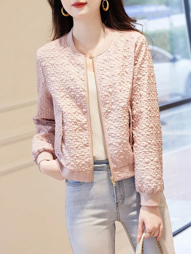 2026 Spring Autumn Textured Baseball Jacket Women Short Slim Casual Open Front Top