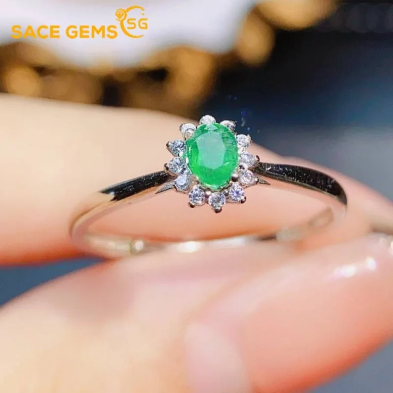 

SACE GEMS Fashion 925 Sterling Silver 3*4mm Natual Emerald Luxury Rings for Women Created Wedding Engagement Party Fine Jewelry