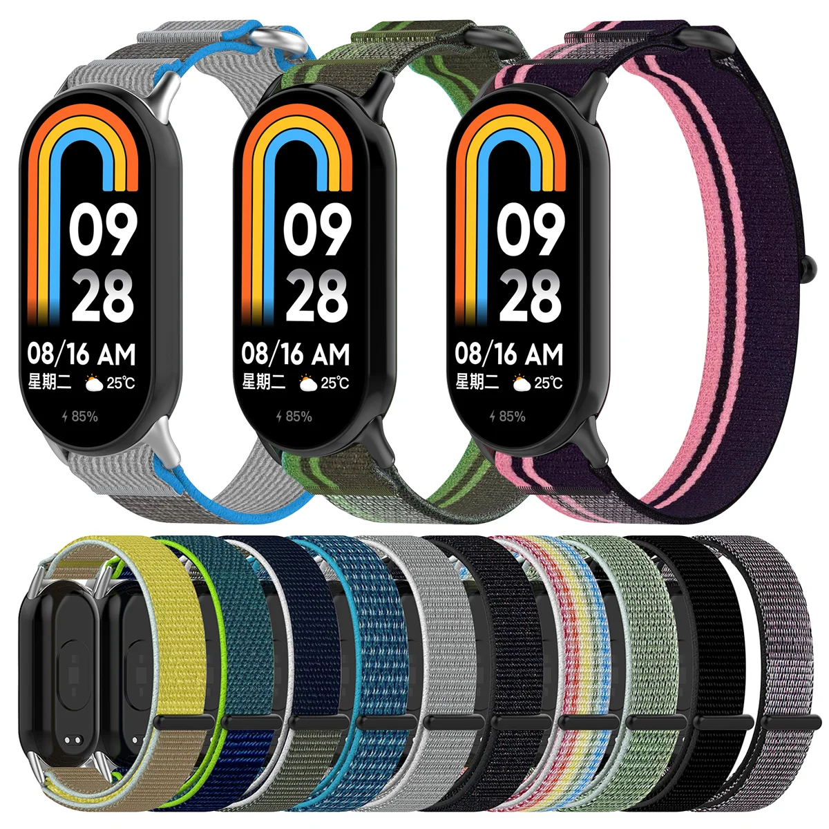 For Xiaomi Mi Band 9 9NFC 8 8NFC Nylon Strap Breathable Replacement WristStrap Colourful Adhesive Buckle Watchband