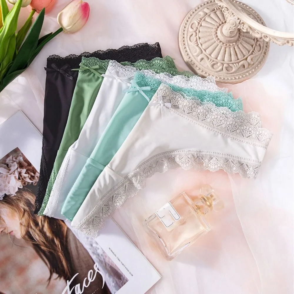 

Comfortable Seamless Ice Silk Panties Thong Low Waist Lace Bow Briefs Underpants Cotton Crotch Women's Summer Panties Lady