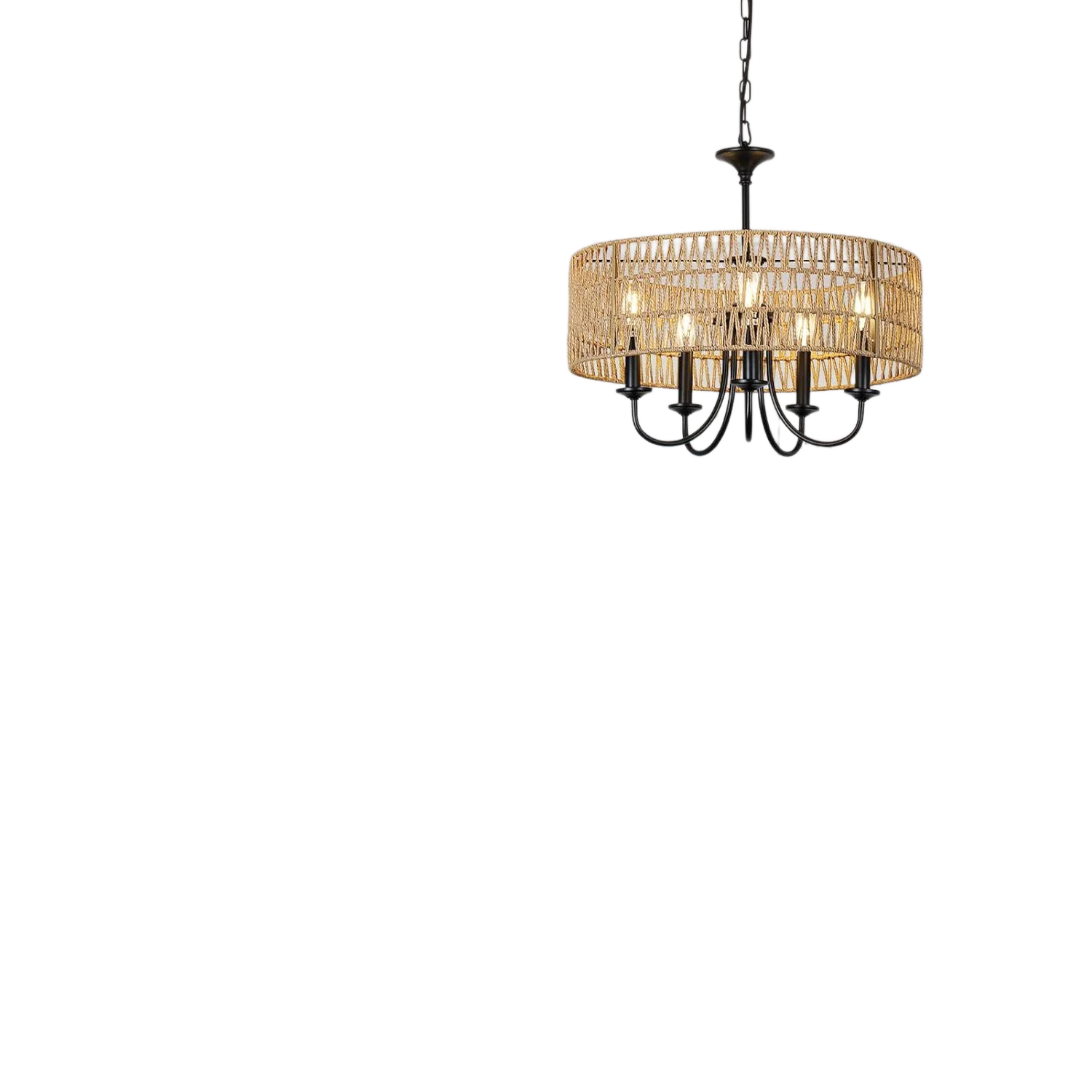 Modern Farmhouse 5-Light Rattan Chandelier, Large Pendant Light Fixture with Hand Woven Wicker Shade, Boho Black Design for Dini