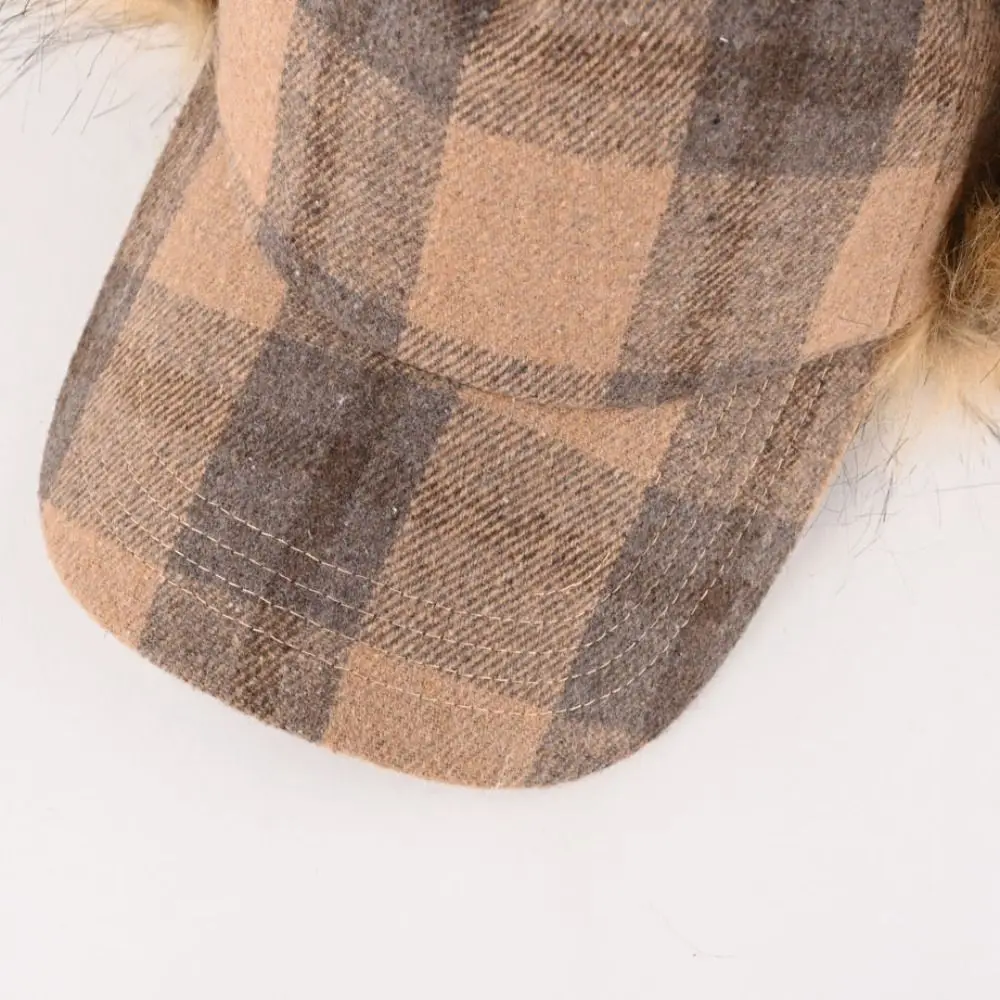 Fashion Faux Fur Pilot Hat Lining Plaid Pattern Baseball Caps Ear Flaps Warm Insulation Ear Protection Caps Winter Outdoor