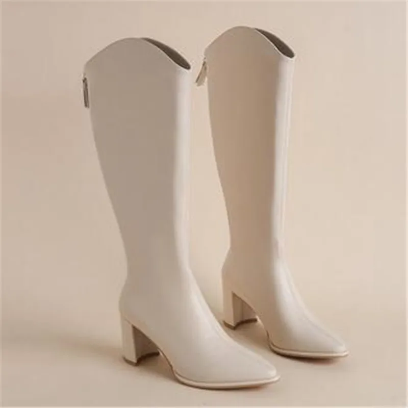 

2024 Plus Size 34 - 43 New Women Boots Zipper Thick High Heels Simple Thick High Heels Autumn Winter Boots Knee High