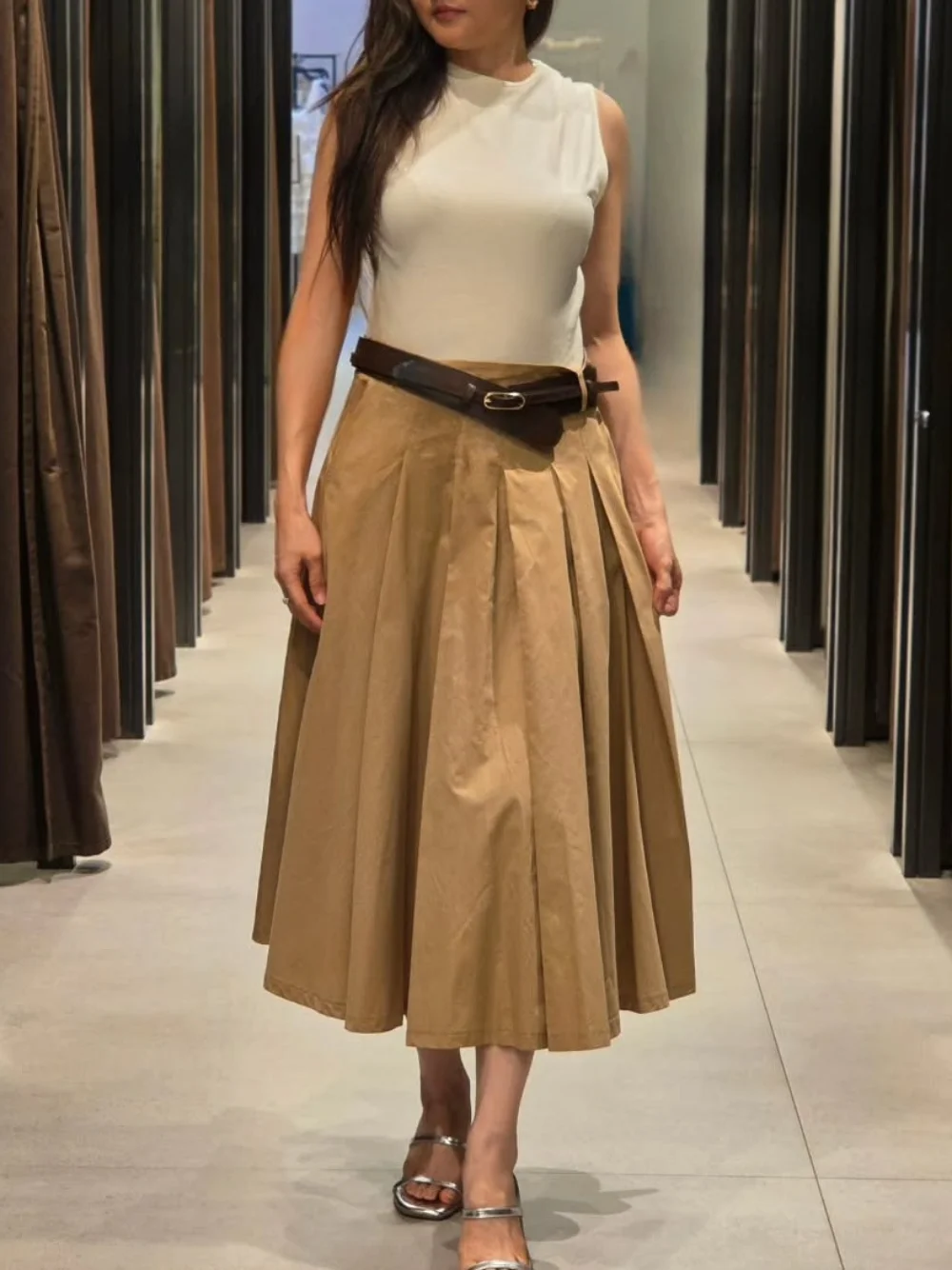 

Retro Chic Women's Patchwork Dress Round Neck Sleeveless Belt Pleated Maxi Dress New Fashion 2025 Summer Holiday Dress