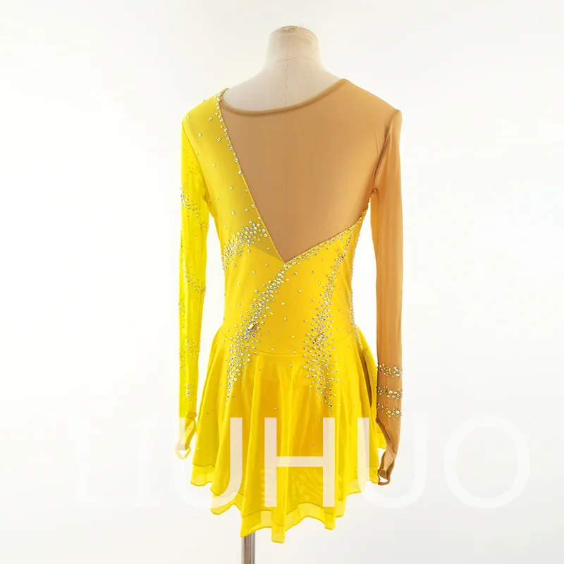 LIUHUO Abito da pattinaggio artistico su ghiaccio Ragazze Donne Adolescenti Abito da competizione giallo in spandex elastico all'ingrosso