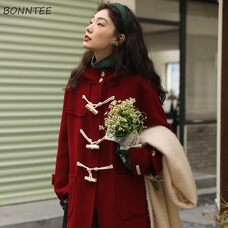 

Wool Blends Coat Women Jacket Autumn Winter Big Pockets Hooded Loose Horn Button Leisure Korean Style All-match College Sweet