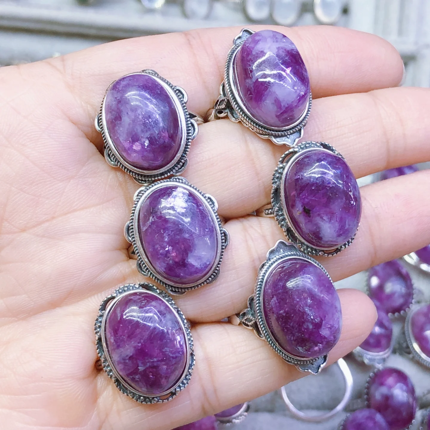

1Pc Natural Purple Emerald Purple Mica Lepidolite Ring 12x18MM Oval Cabochon 925 Sterling Silver Reiki Healing Stone Gift