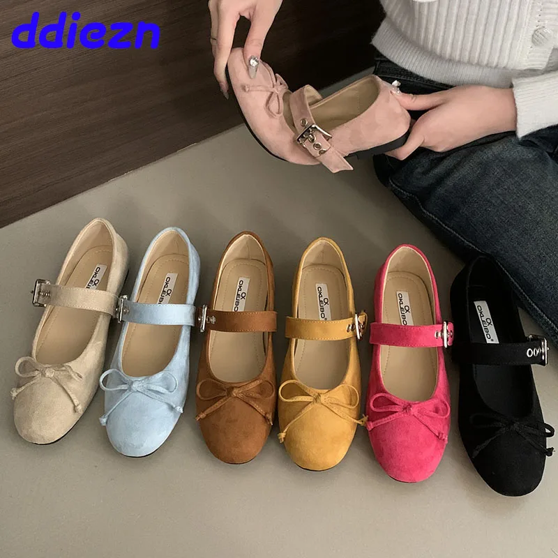 Fashion Round Toe Ladies Flats Mary Janes Shoes Female Butterfly-Knot Shallow Footwear Buckle Strap Women Ballet Flats Shoes