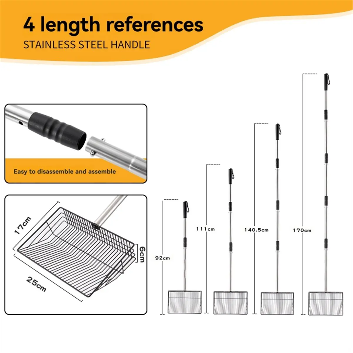 a99z-10インチ大型鶏糞スコップ、長さ24～68インチの鶏小屋用糞スコップ、ステンレス鋼ハンドル付き、ふるい付きシャベル