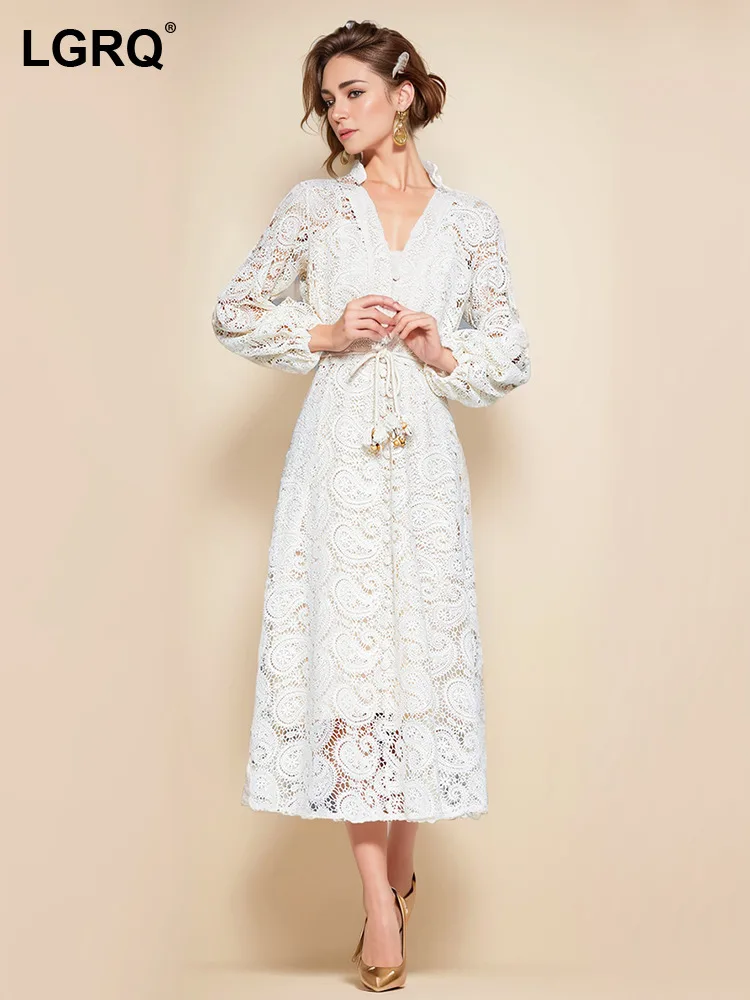 

Женское ажурное платье с длинным рукавом LGRQ, кружевное нижнее белье с V-образным вырезом, элегантные платья, Новинка лета 2024, одежда, Tide 19ZZ835