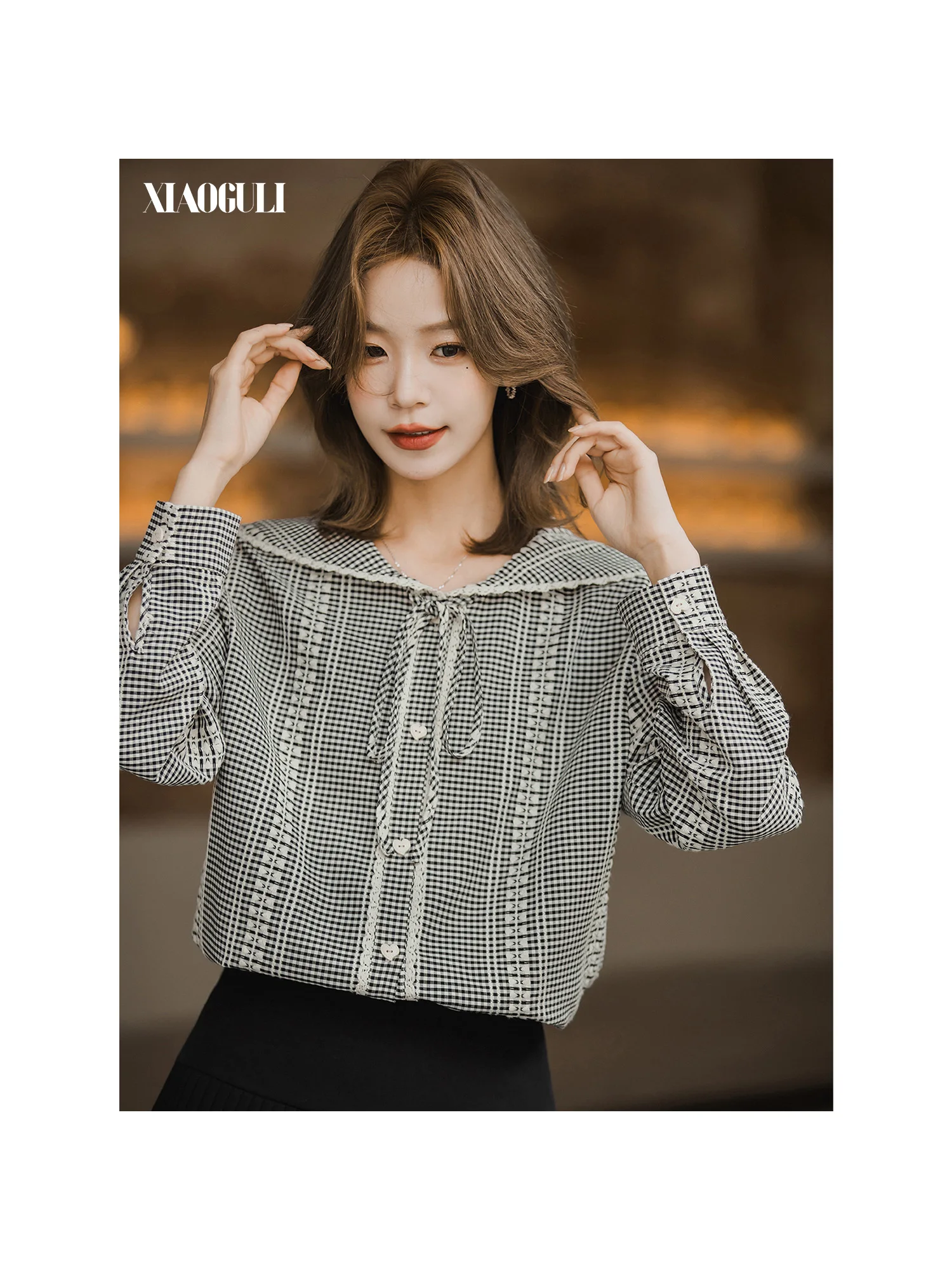 XIAOGULI Cotton Blend Blouse Women Black White Plaid Long Sleeve Shirt French Style Lace Trim 2026 Autumn Office Daily Outfit
