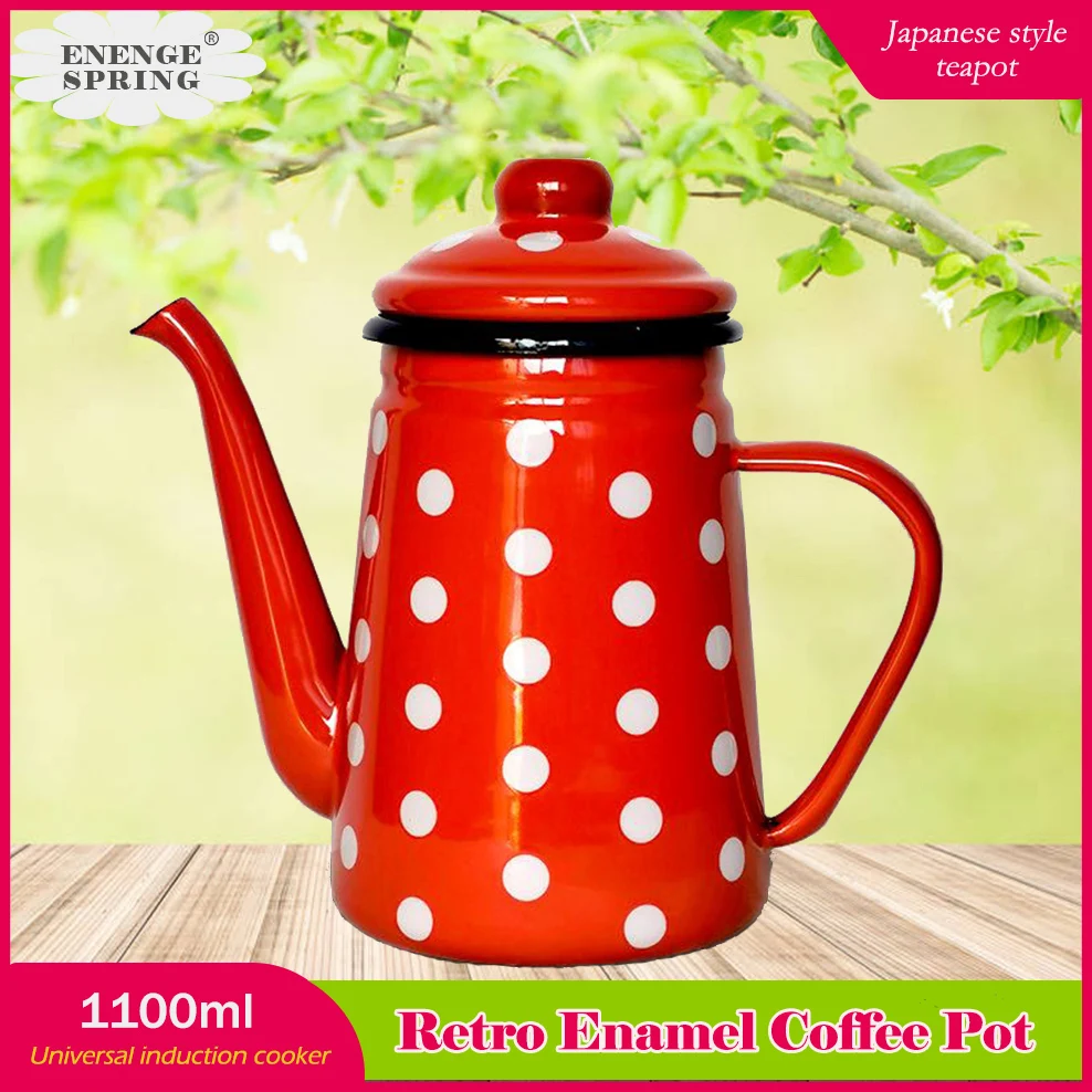 1.1L Enamel Coffee Pot Home Vintage Milk Tea Pot Large Capacity Cold Water Kettle Universal Induction Cooker Teapot