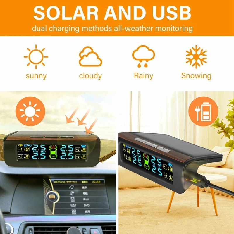 Wireless Solar TPMS LCD Car Tire Pressure Monitoring System With 4 External Sensors Solar Automatic Alarm System