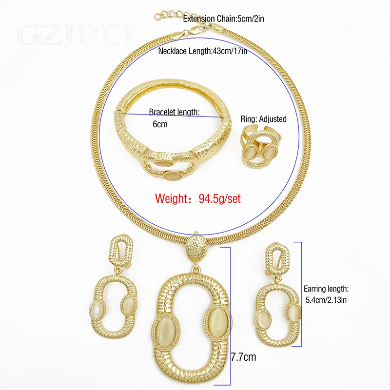 Dubai 18K Gold Plated Jewelry Sets For Women Square Pendant Necklaces Large Earings Bracelet And Ring 4PCS Set Jewelry
