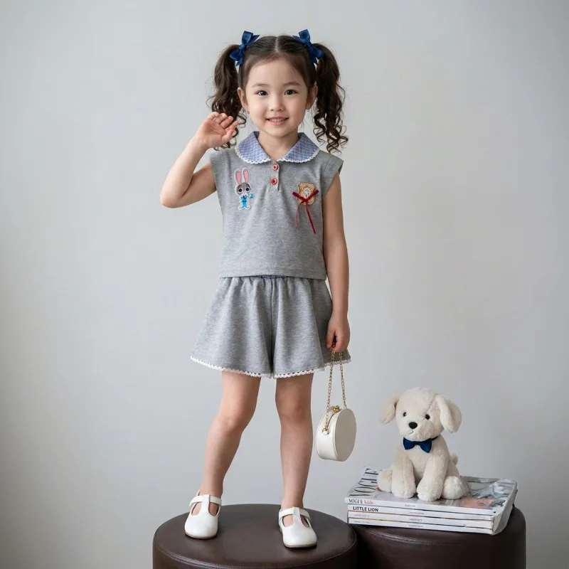 RAISE Sommer Mädchen 2-teiliges Kleidungsset aus Musselin mit dünnem Hasen-Print, kariertem Peter-Pan-Kragen, T-Shirt und lockerer Baby-Shorts