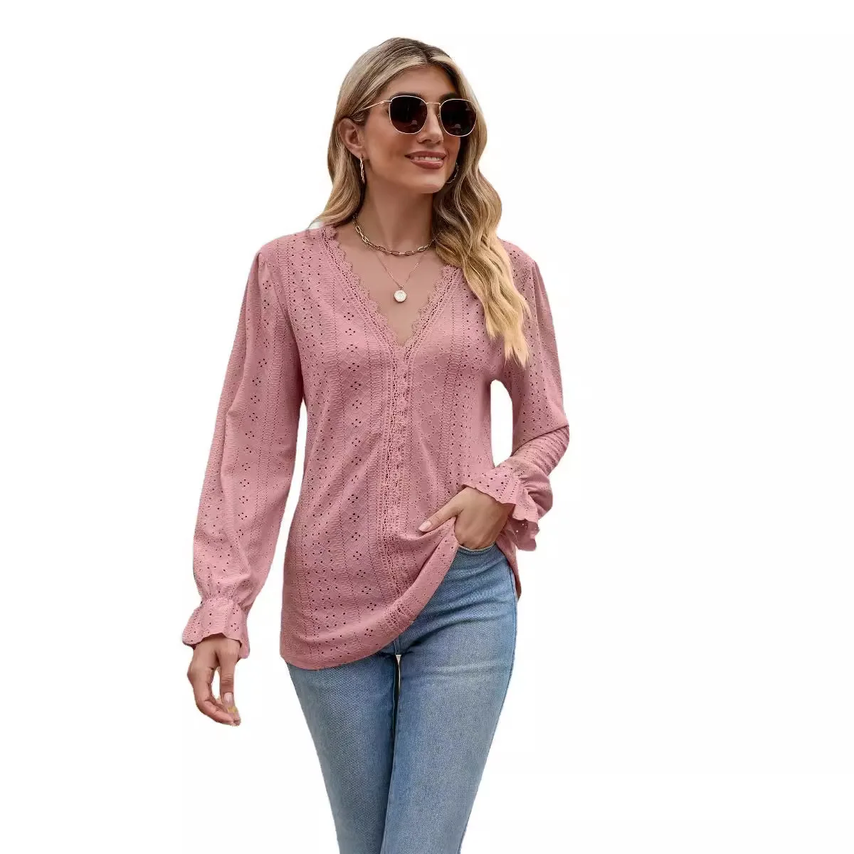 Prowow Pink Elegant Women Shirts Hollow Lace Flower Long Sleeve Female Tops Clothes Yellow V-neck Slim Spring Pullovers Purple