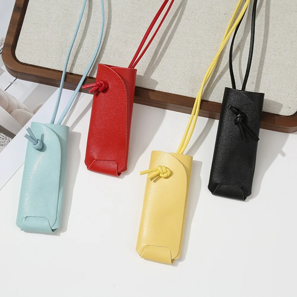 1pc Korean Ins Style Leather Lipstick Bag Colorful Portable Mini Makeup Lipstick Storage Neck Hanging Pouch