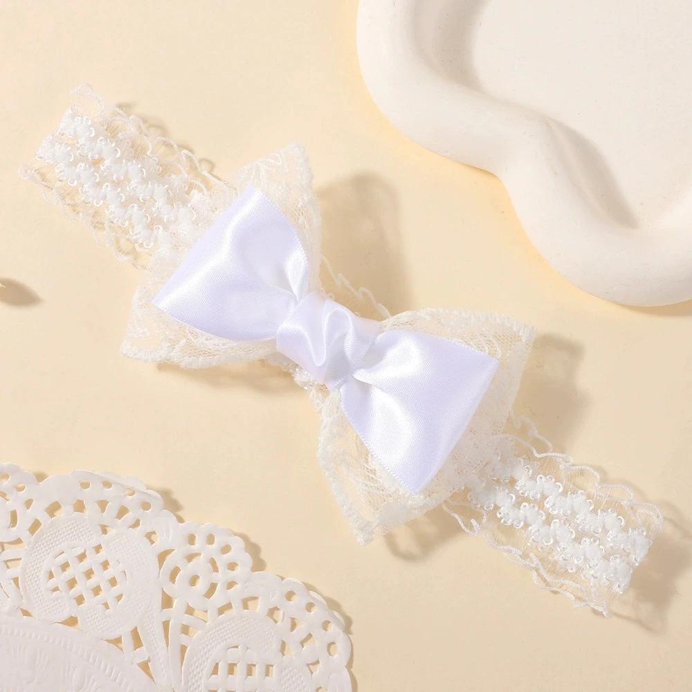 

10pcs Wholesale White Satin Bow Baby Headband Tulle Bow Lace Trim Elastic Hair Band, Sweet Princess Hair Accessories for Infants
