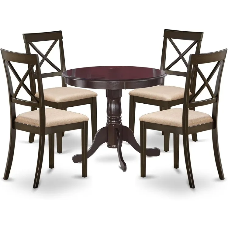 Wooden Dining Table Set- 4 Amazing Dining Room Chairs with Linen Fabric seat and A Mid Century Dining Table (Cappuccino Finish)