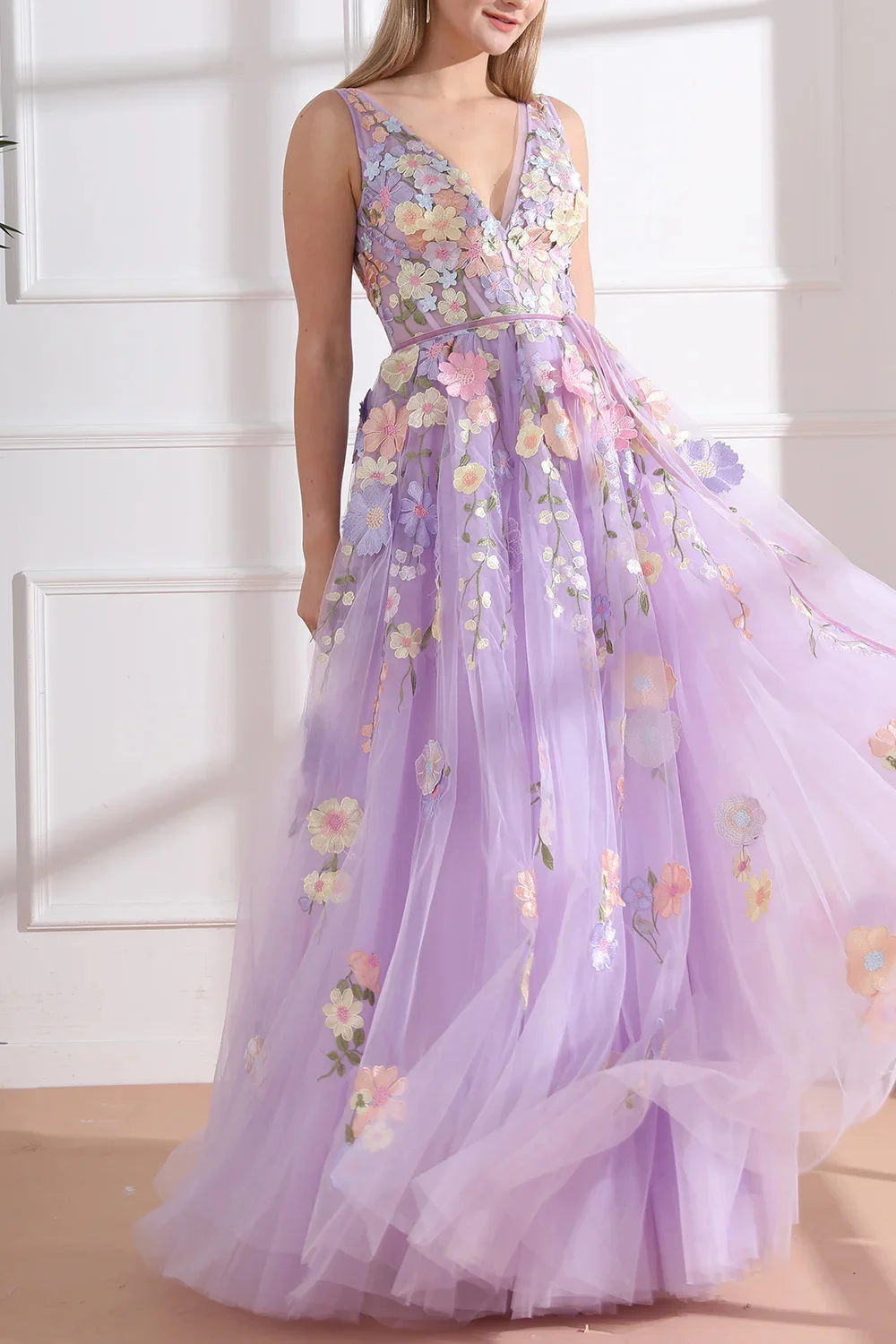 Jessica Purple 3D Flowers Prom Dress V-neck Tulle Princess Evening Dresses Graduation Special Occasion Wedding Party Dresses