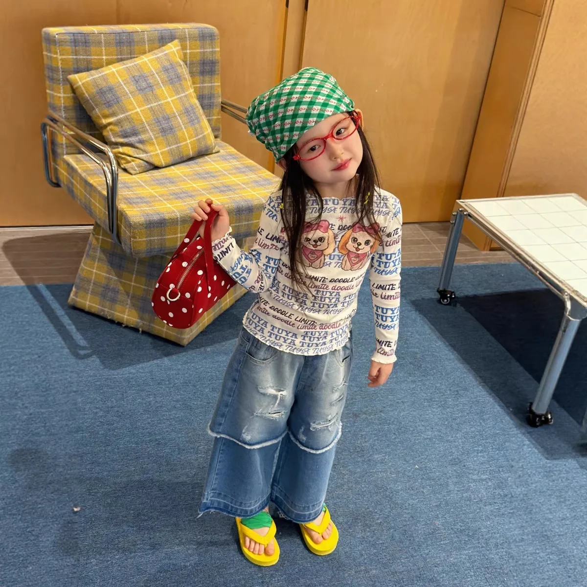 2026 Spring Summer New Children Clothing Girls Korean Broken Hole Jeans Children Fake Two Piece Pants Wide Leg Pant