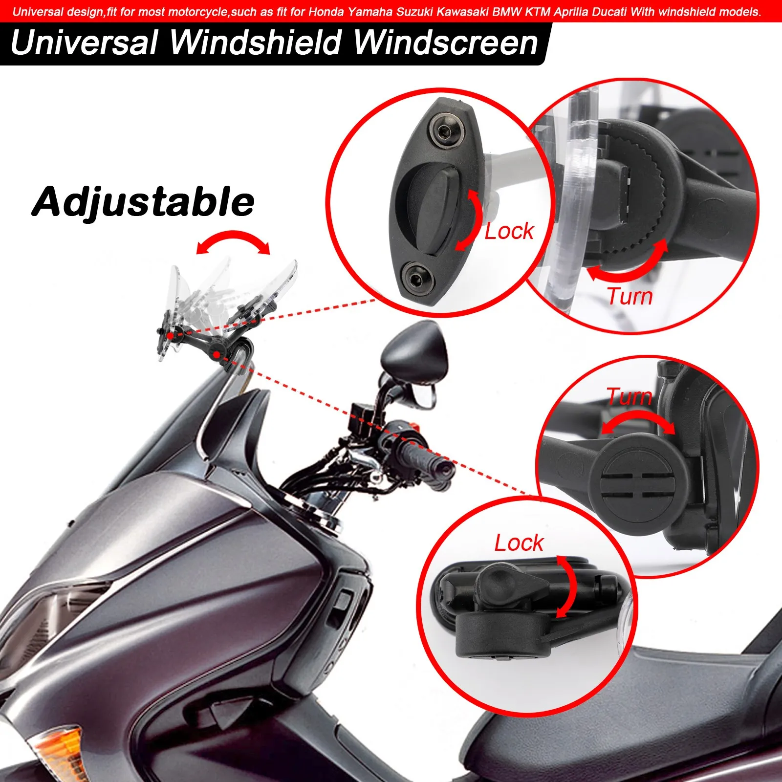 Universal Motorcycle Windshield Extension for BMW F750GS F800GS Adventure/ Cfmoto/ Suzuki Burgman 400/ DR 650 Small Windscreen