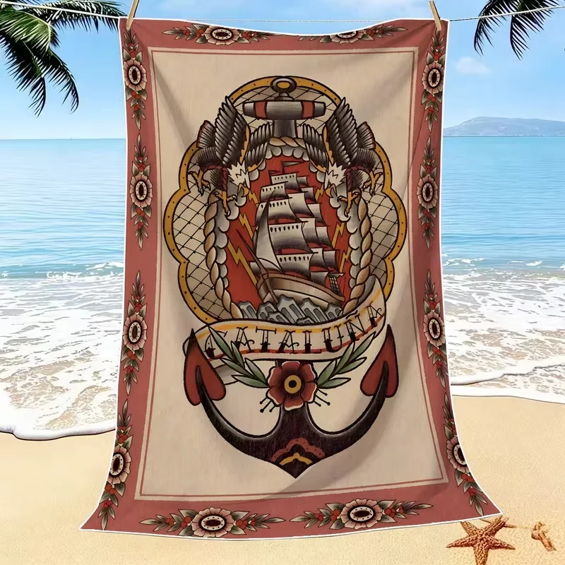 Vintage Whale Ship Beach Towel Illustration Nautical Art Print, Quick Dry Sandproof Absorbent Towel for Beach Travel Vacation